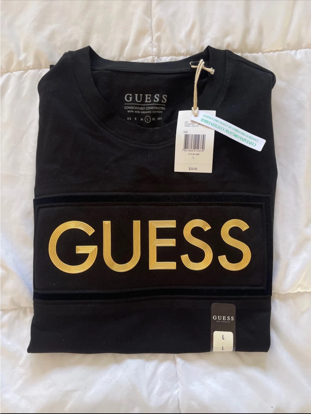 New! “Guess” Man Black T-Shirt with Gold “Guess” - Size Large